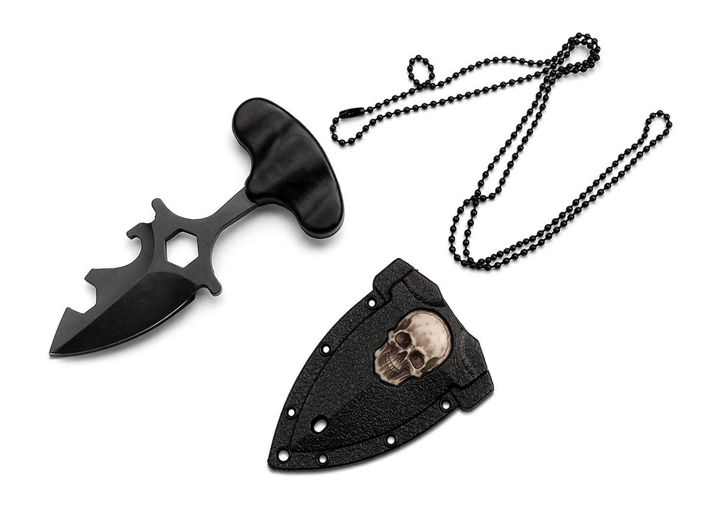 Halsmesser mit Scheide und Kette Schädel