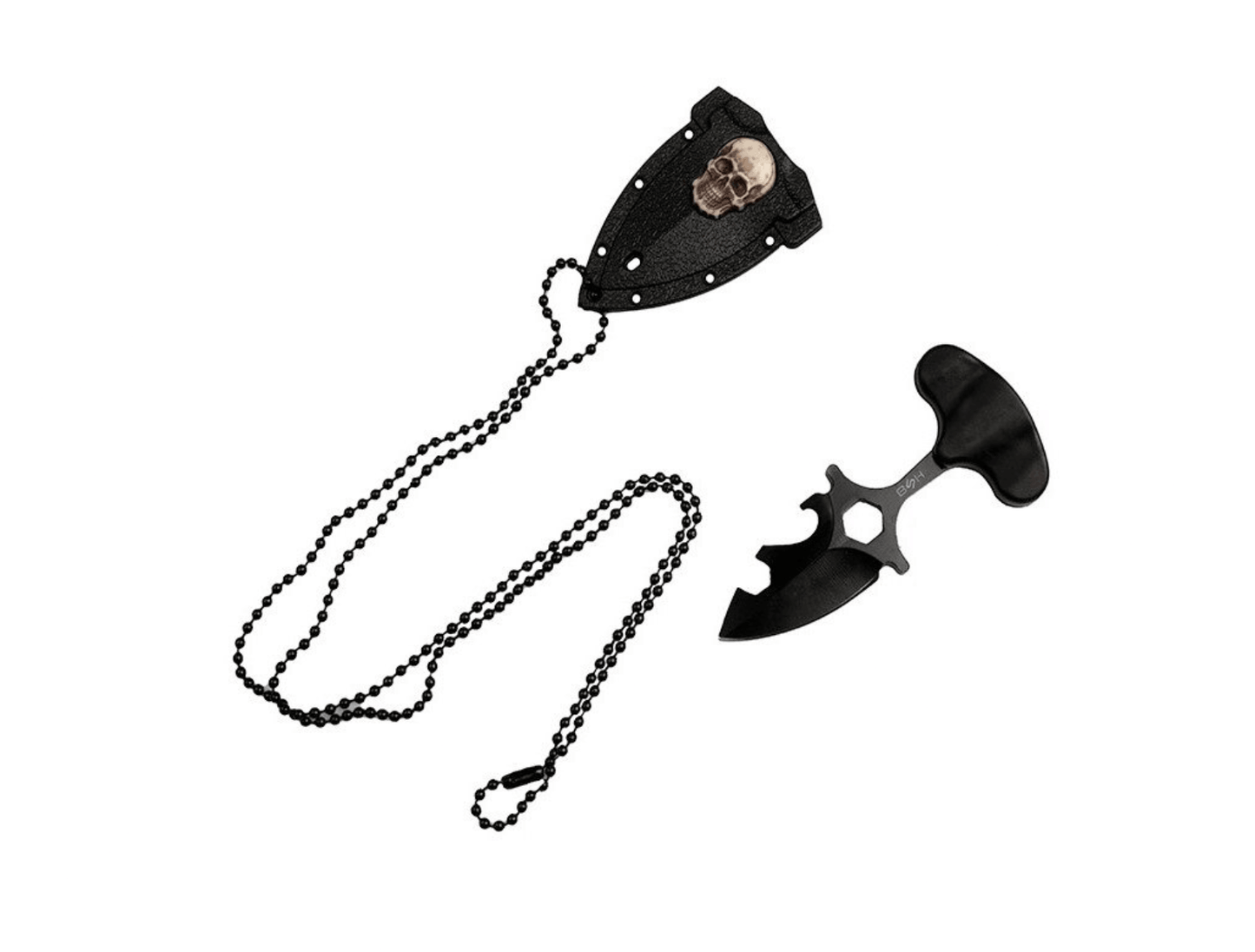 Halsmesser mit Scheide und Kette Schädel